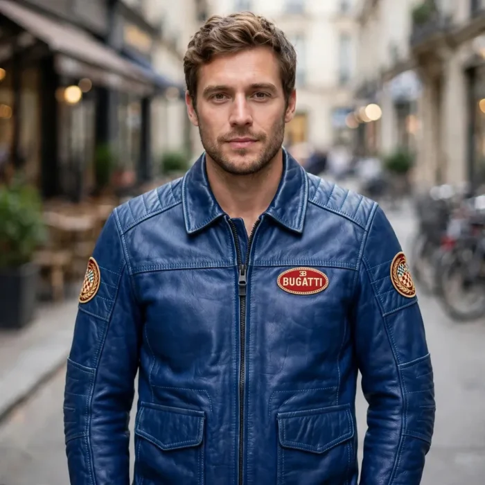 Bugatti Leather Jacket model view — front-facing model wearing the french racing blue jacket with chest embroidery