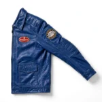 Bugatti Leather Jacket side view — french racing blue jacket with sleeve embroidery