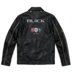 Buick Leather Jacket back view, midnight black with tri-shield-style chest emblem racer jacket