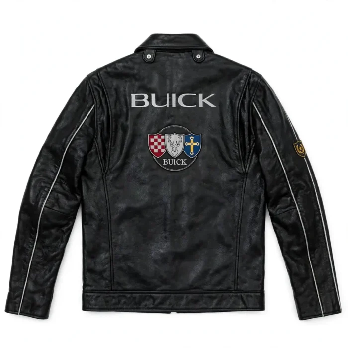 Buick Leather Jacket back view, midnight black with tri-shield-style chest emblem racer jacket