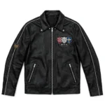 Buick Leather Jacket front view, midnight black with tri-shield-style chest emblem racer jacket