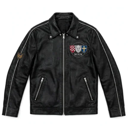 Buick Leather Jacket front view, midnight black with tri-shield-style chest emblem racer jacket
