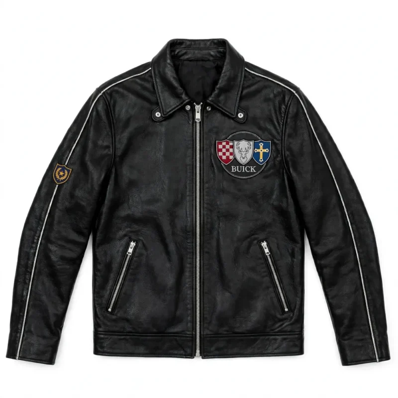 Buick Leather Jacket front view, midnight black with tri-shield-style chest emblem racer jacket