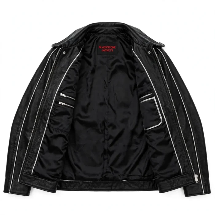 Buick Leather Jacket inner lining view, black satin lining with silver trim