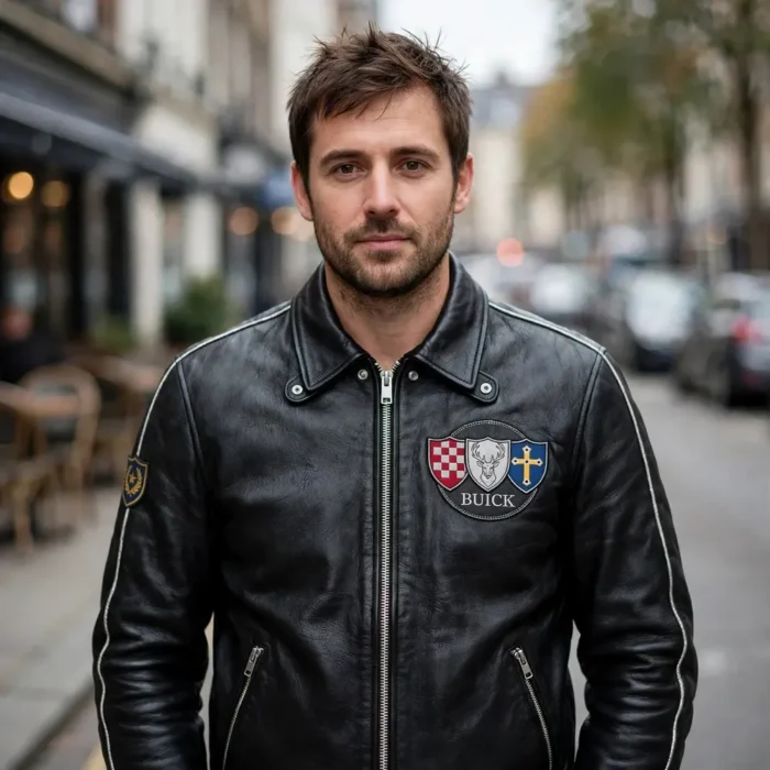 Model wearing the Buick Leather Jacket, midnight black with tri-shield-style chest emblem racer jacket