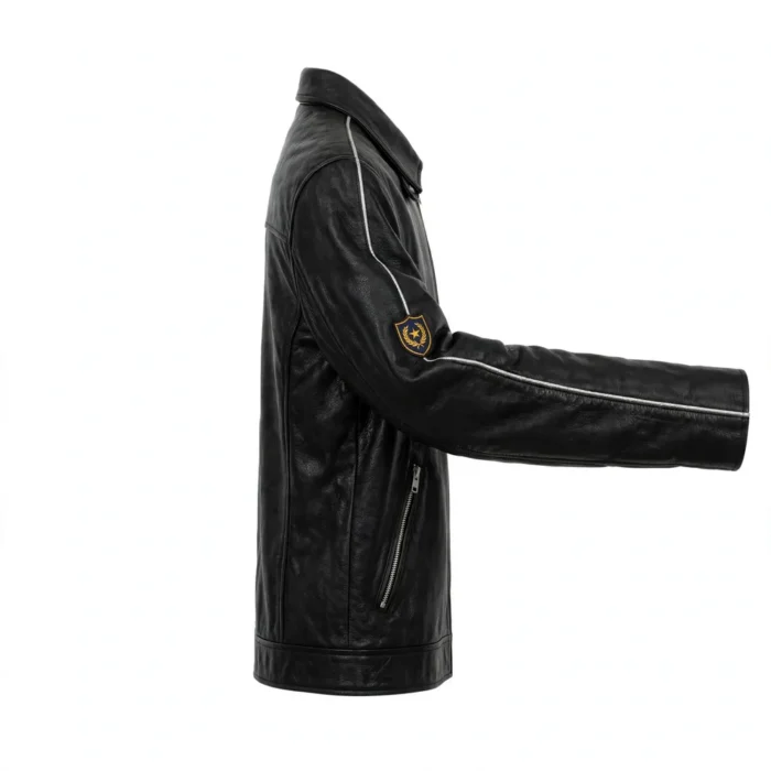 Buick Leather Jacket side view, midnight black with tri-shield-style chest emblem racer jacket