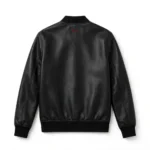 BYD Leather Jacket back view, black leather jacket with small red 'byd' wordmark embroidered at the upper back, centred below the collar