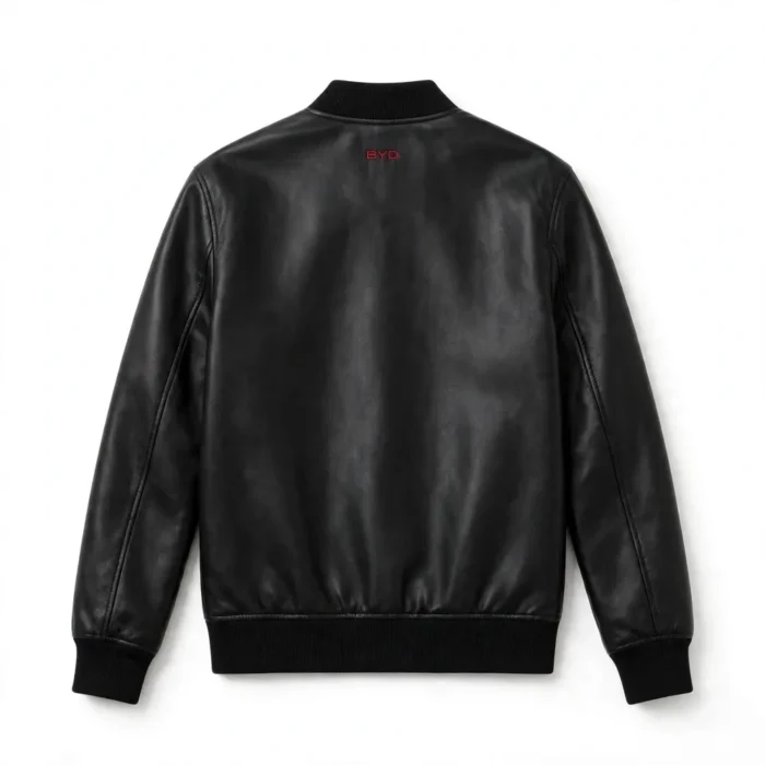 BYD Leather Jacket back view, black leather jacket with small red 'byd' wordmark embroidered at the upper back, centred below the collar