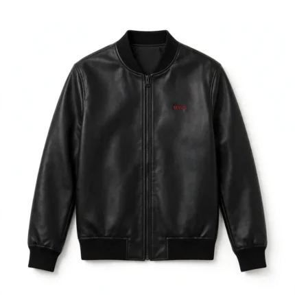 BYD Leather Jacket front view, black leather jacket with small red 'byd' wordmark embroidered on the left chest