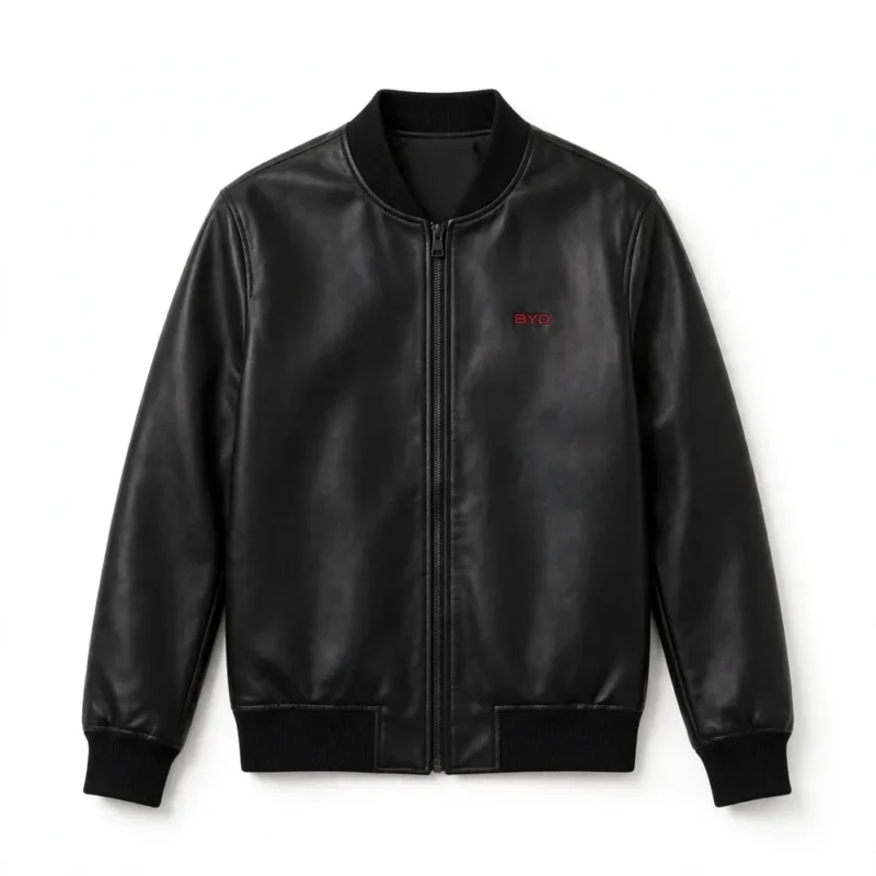 BYD Leather Jacket front view, black leather jacket with small red 'byd' wordmark embroidered on the left chest