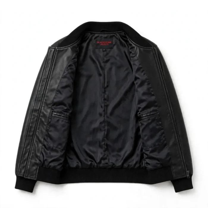 BYD Leather Jacket inner view, plain lining with inside pockets and Blackstone Jackets neck label