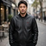 Person wearing the BYD Leather Jacket outdoors, front-facing, showing small red 'byd' wordmark embroidered on the left chest