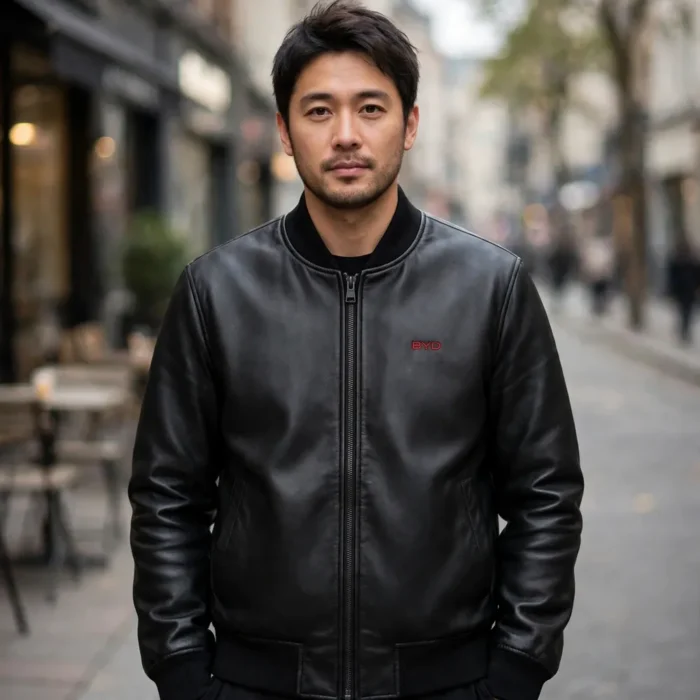 Person wearing the BYD Leather Jacket outdoors, front-facing, showing small red 'byd' wordmark embroidered on the left chest
