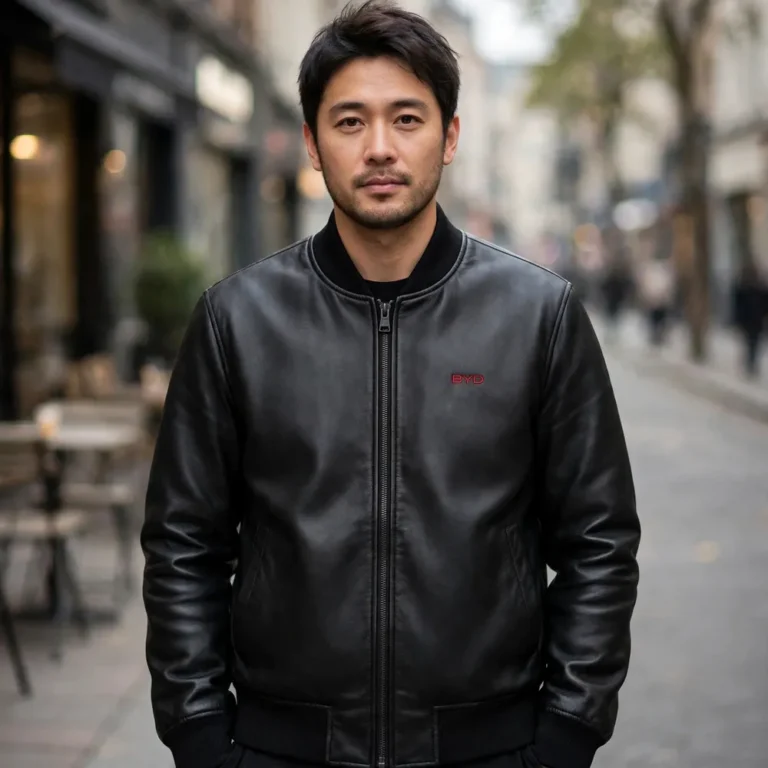 Person wearing the BYD Leather Jacket outdoors, front-facing, showing small red 'byd' wordmark embroidered on the left chest