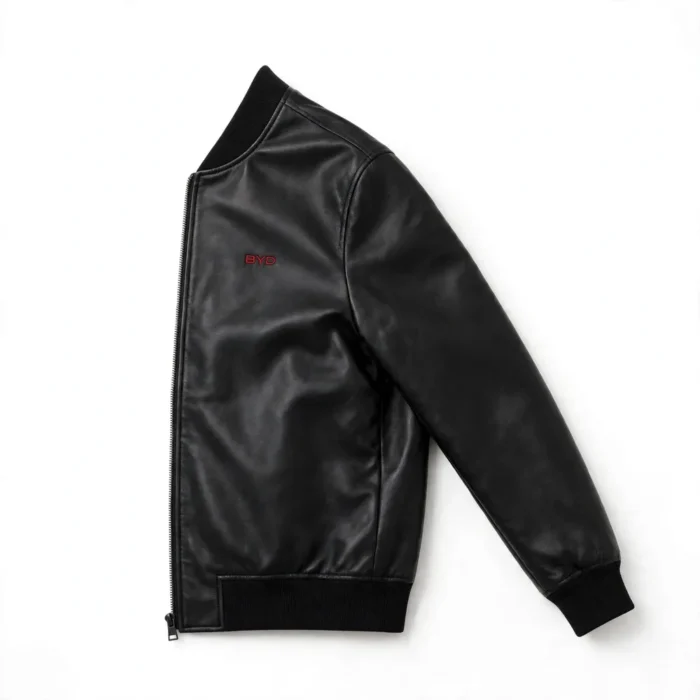 BYD Leather Jacket side view, black leather jacket