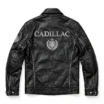 Cadillac Leather Jacket back view, deep black with silver crest-style chest emblem cruiser jacket