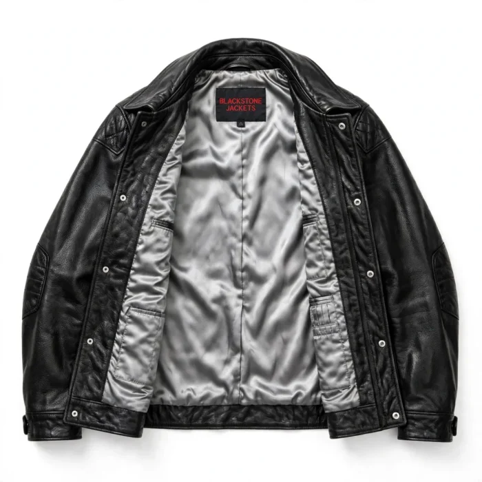 Cadillac Leather Jacket inner lining view, silver-grey satin lining