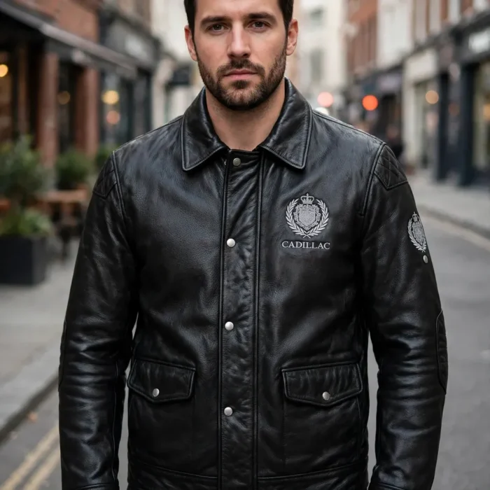 Model wearing the Cadillac Leather Jacket, deep black with silver crest-style chest emblem cruiser jacket