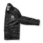Cadillac Leather Jacket side view, deep black with silver crest-style chest emblem cruiser jacket