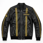 Camaro Leather Jacket front view, black with yellow racing stripes racer jacket