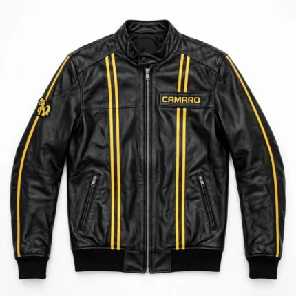 Camaro Leather Jacket front view, black with yellow racing stripes racer jacket