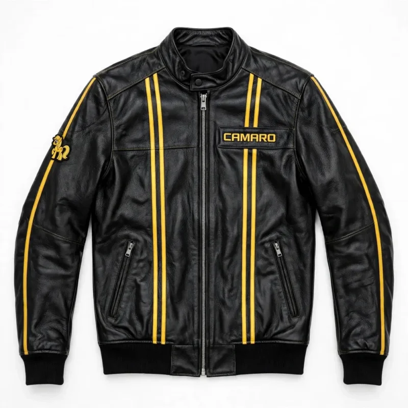 Camaro Leather Jacket front view, black with yellow racing stripes racer jacket