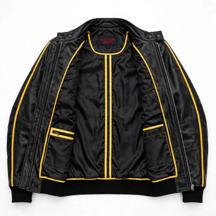 Camaro Leather Jacket inner lining view, black satin lining with yellow trim