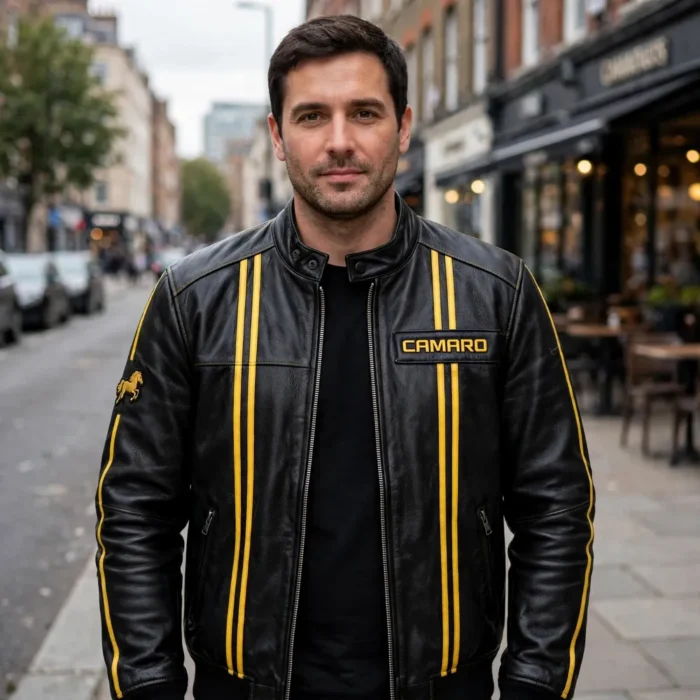 Model wearing the Camaro Leather Jacket, black with yellow racing stripes racer jacket