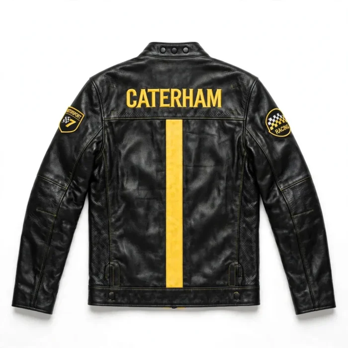 Caterham Leather Jacket back view, black with a yellow centre stripe leather, CATERHAM lettering in yellow across the upper back