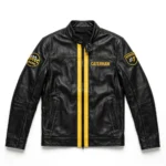 Caterham Leather Jacket front view, black with a yellow centre stripe racing jacket, CATERHAM wordmark embroidered on the left chest