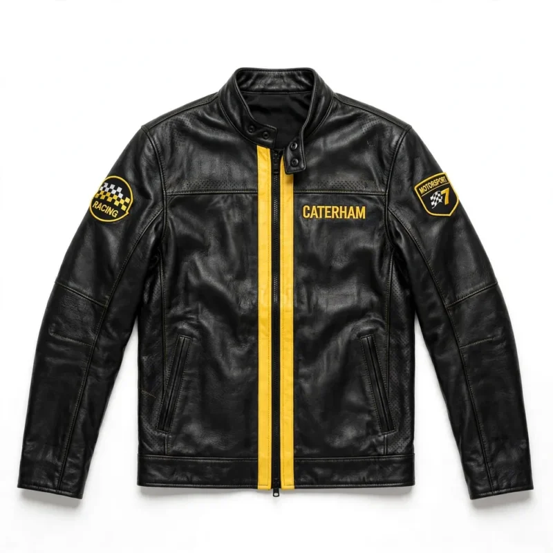 Caterham Leather Jacket front view, black with a yellow centre stripe racing jacket, CATERHAM wordmark embroidered on the left chest