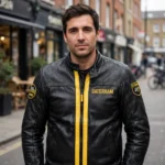Man wearing the Caterham Leather Jacket outdoors, front-facing, showing the racing jacket and chest embroidery