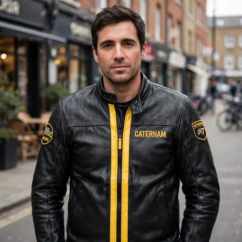 Man wearing the Caterham Leather Jacket outdoors, front-facing, showing the racing jacket and chest embroidery