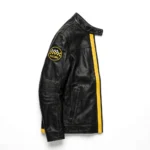 Caterham Leather Jacket side view, black with a yellow centre stripe racing jacket with snap-down collar