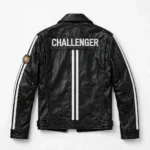 Challenger Leather Jacket back view, black with white twin stripes biker jacket