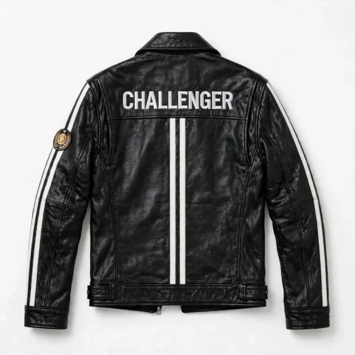 Challenger Leather Jacket back view, black with white twin stripes biker jacket
