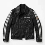 Challenger Leather Jacket front view, black with white twin stripes biker jacket