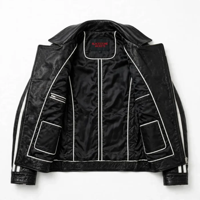 Challenger Leather Jacket inner lining view, black satin lining with white trim