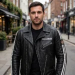 Model wearing the Challenger Leather Jacket, black with white twin stripes biker jacket