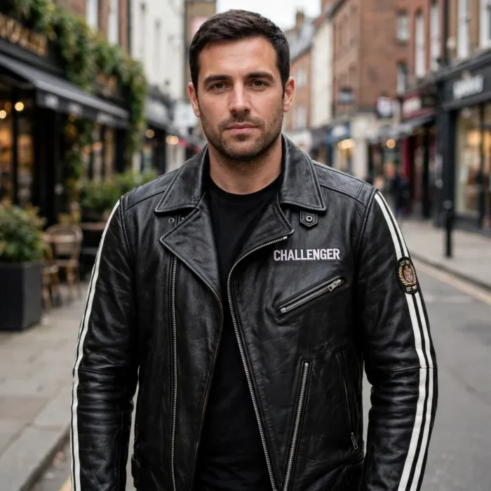 Model wearing the Challenger Leather Jacket, black with white twin stripes biker jacket