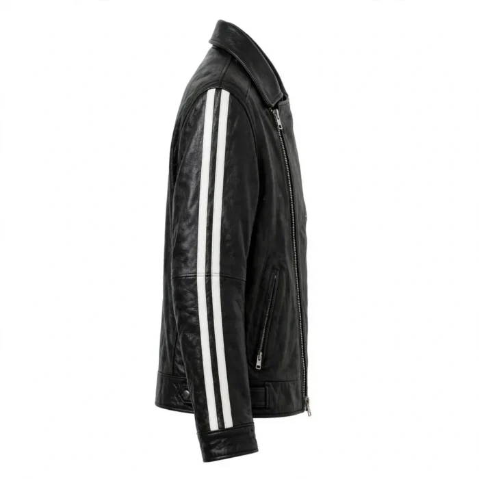 Challenger Leather Jacket side view, black with white twin stripes biker jacket