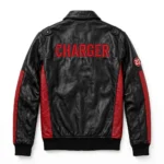 Charger Leather Jacket back view, black with red side stripes racer jacket