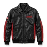Charger Leather Jacket front view, black with red side stripes racer jacket