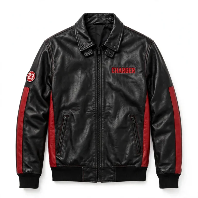 Charger Leather Jacket front view, black with red side stripes racer jacket