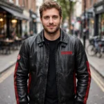 Model wearing the Charger Leather Jacket, black with red side stripes racer jacket