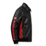 Charger Leather Jacket side view, black with red side stripes racer jacket