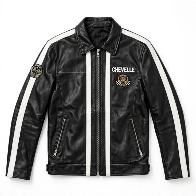 Chevelle Leather Jacket front view, black with white SS-style stripes racer jacket