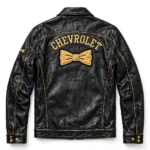 Chevrolet Leather Jacket back view, black with gold bowtie-style chest emblem and gold piping racer jacket