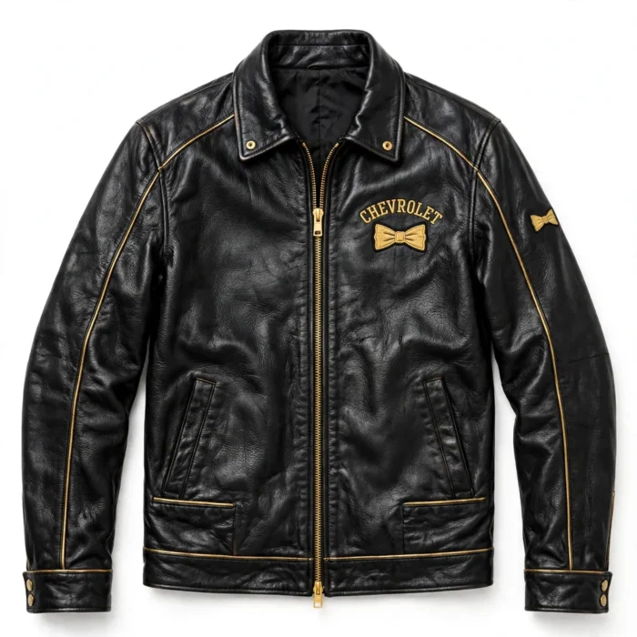 Chevrolet Leather Jacket front view, black with gold bowtie-style chest emblem and gold piping racer jacket