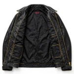 Chevrolet Leather Jacket inner lining view, gold-trimmed black satin lining